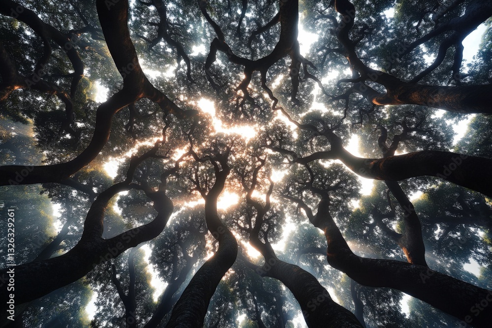 Aufkleber Sunlight filters through a dense canopy of trees creating a mystical atmosphere in a forest during early morning hours