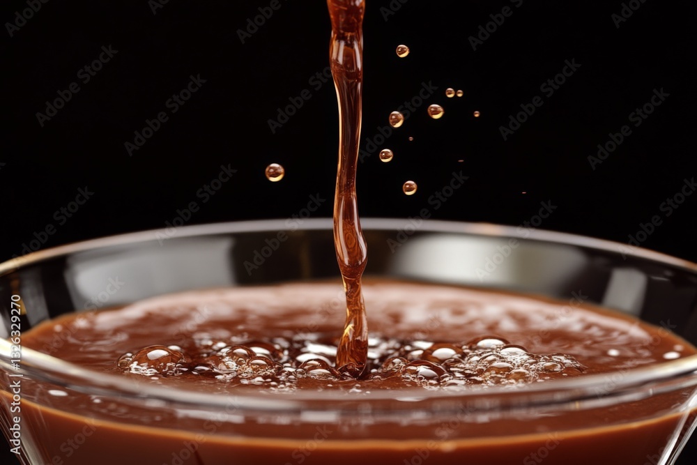 Poster chocolate syrup pours into a glass creating bubbles during a dessert preparation in a kitchen settin