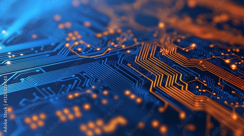 Poster close-up view of abstract circuit board with blue and orange lines