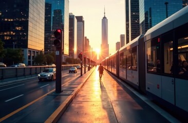 Obraz premium Innovative transportation merges with AI technology in urban sunset