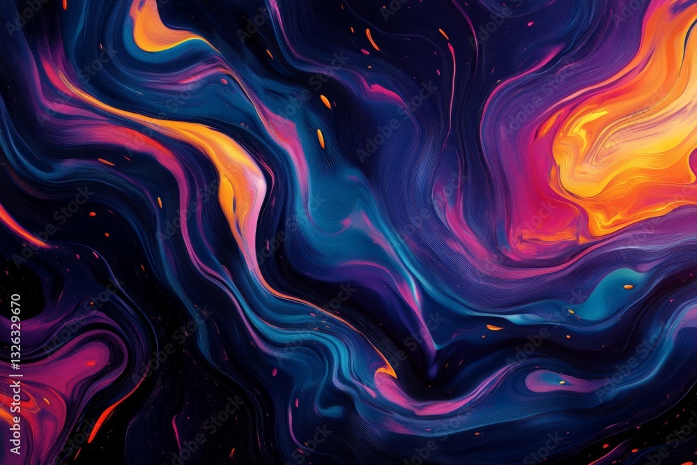 Poster abstract swirling patterns in vibrant colors depicting a cosmic landscape with deep blues, fiery ora