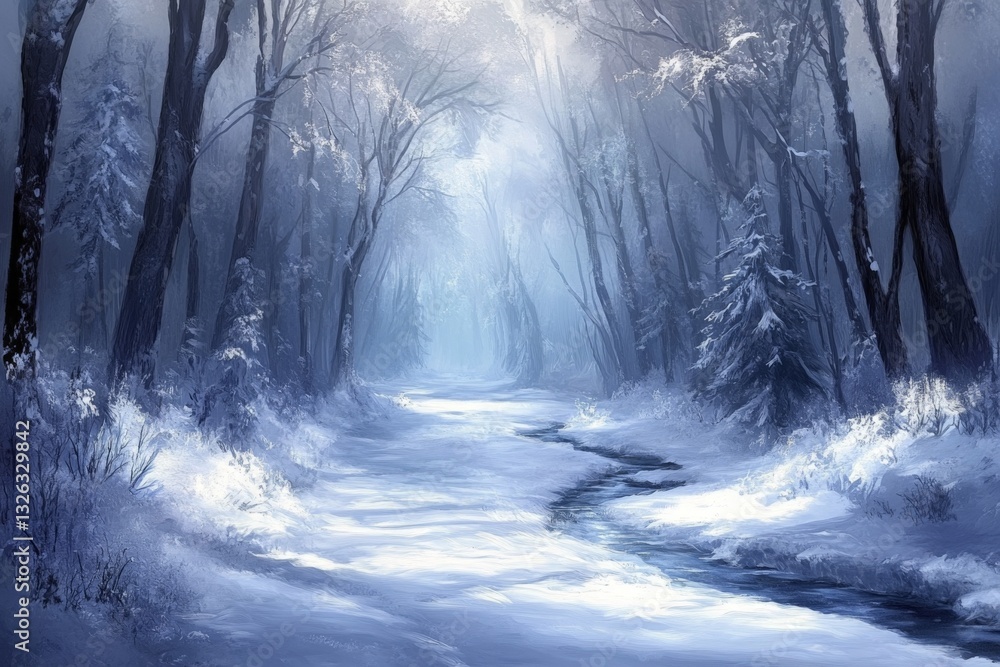 Poster Snowy forest path illuminated by soft winter light in a tranquil setting