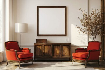 Red chairs, wooden cabinet, and blank frame in a sunlit room.