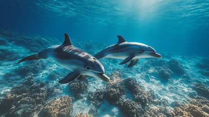 Fototapeta premium Two dolphins glide gracefully through crystal-clear waters, showcasing their playful nature amid vibrant coral reefs during a sunny summer day