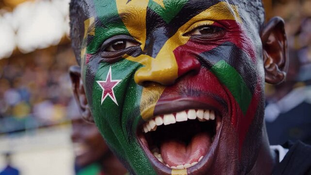 Proud Zimbabwean sports fan with bold flag face paint cheering at a stadium  
