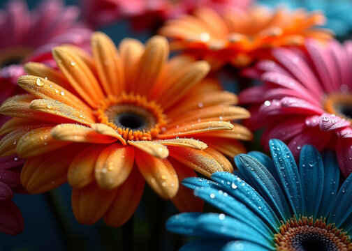 A close-up of colorful gerbera daisies with fresh dewdrops. The vibrant orange, blue, and pink petals stand out beautifully, creating a stunning floral composition.