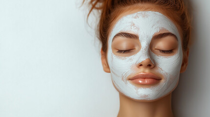 Fototapeta premium A young woman with her eyes closed applies a facial mask, showcasing a peaceful expression as she indulges in self-care at home during the afternoon