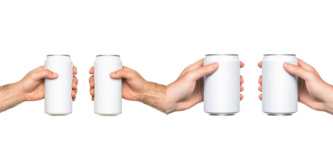 Four hands holding white cans, suggesting sharing or exchanging beverages.