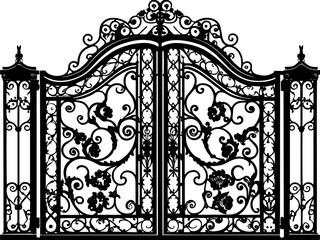 SVG vector features ornate wrought iron gates with gate pillar combinations. Ornate Iron Gate with Floral Motif and Intricate Design