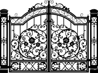 SVG vector features ornate wrought iron gates with gate pillar combinations. Elegant Decorative Iron Gate with Intricate Floral Design