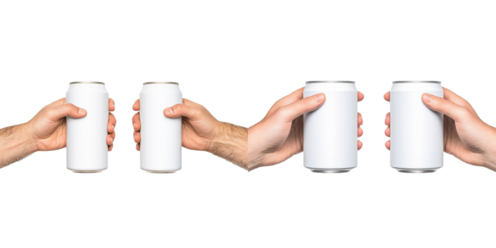 Four hands holding white cans, suggesting sharing or exchanging beverages. - Powered by Adobe