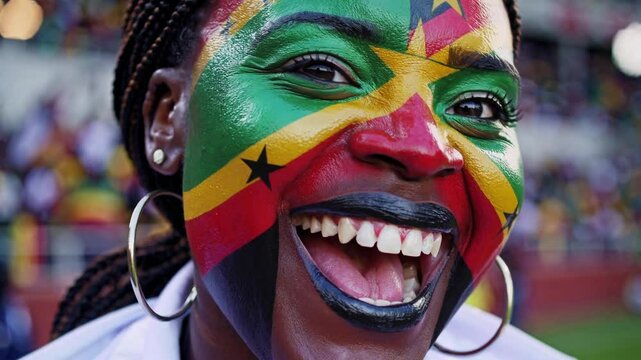 Smiling Zimbabwean sports fan with vibrant flag face paint at a stadium event  
