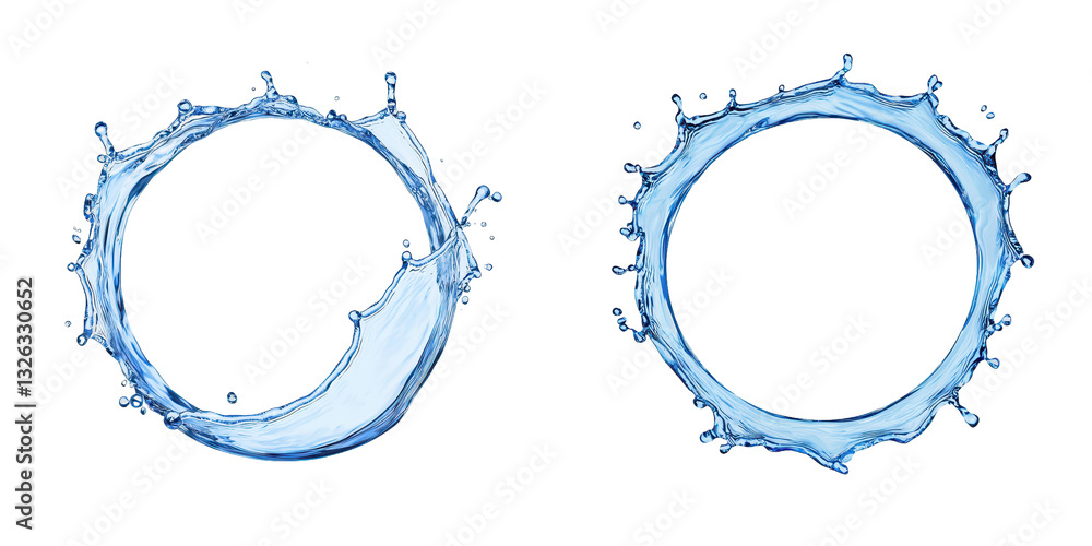 Poster two dynamic water splashes forming circular shapes, showcasing fluid motion and droplets in an artis