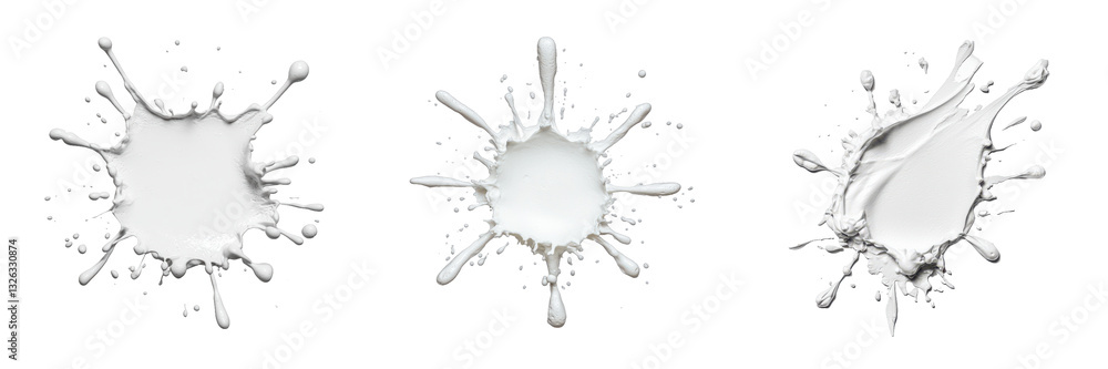 Poster three distinct splashes of white liquid, showcasing various shapes and patterns.