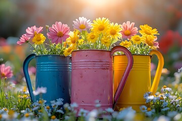 Colorful Spring Daisy Arrangement in Vintage Watering Cans for Garden Decor and Design