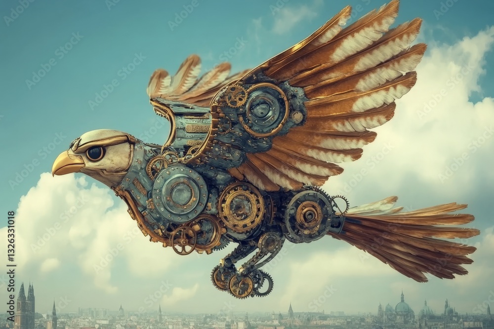 Poster Steampunk mechanical bird soaring over an urban skyline during the day with clouds in the background