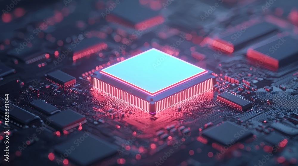 Aufkleber brightly illuminated microchip on circuit board with neon glow