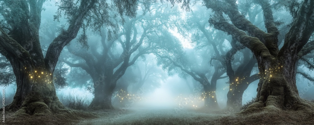 Poster mystical forest scene with illuminated trees and dense fog