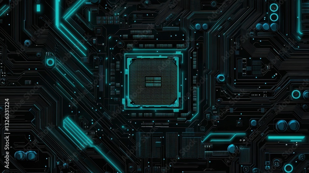 Poster futuristic circuit board design with microchip and neon lights