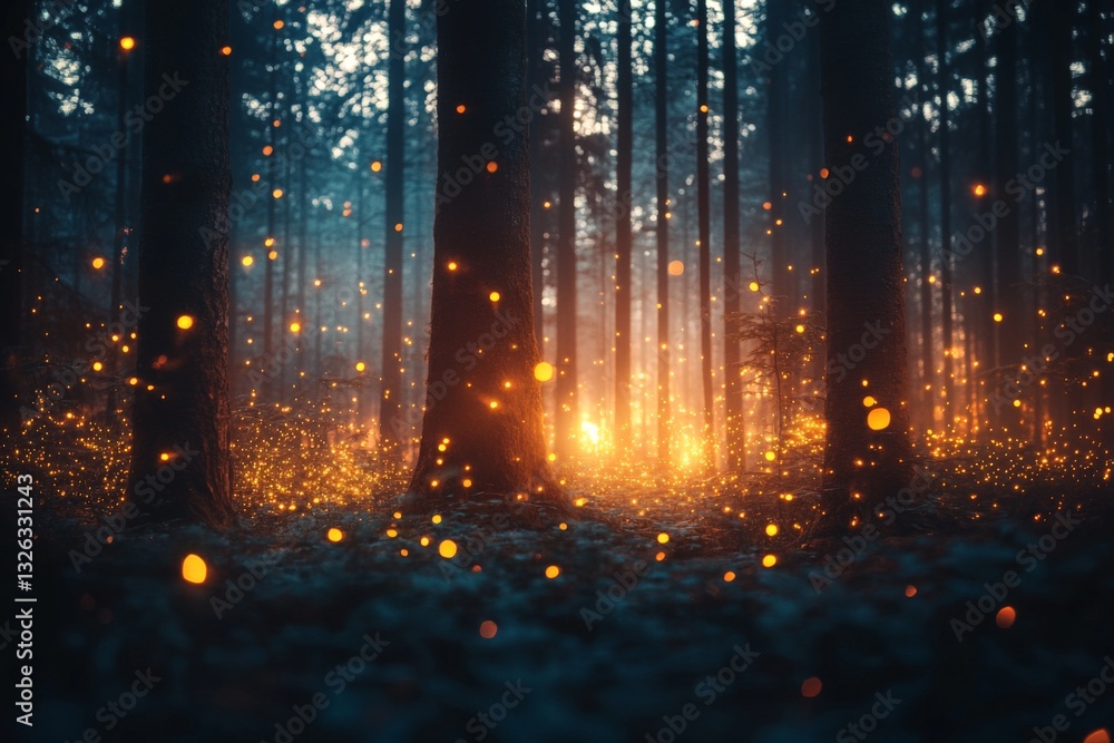 Poster enchanted glow of fireflies illuminating a dark forest at twilight