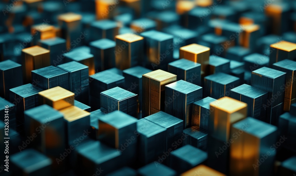 Poster abstract metallic gold and blue blocks background for technology or data visualization
