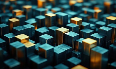 Abstract metallic gold and blue blocks background for technology or data visualization