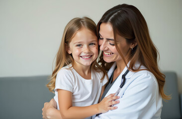 Smiling female doctor embracing caucasian child in medical setting