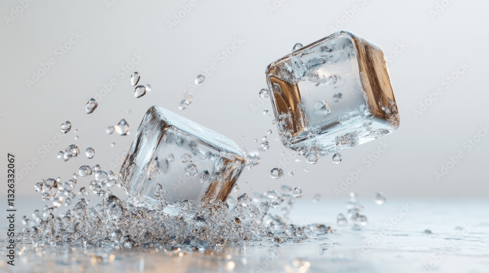 Poster two ice cubes are falling into a pool of water, creating a splash