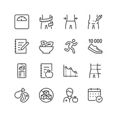 Weight Loss and Fitness, linear style icons set. Healthy lifestyle, diet plan, calorie tracking, and body measurement. Scales, meal tracking, fitness activities, and nutrition. Editable stroke width
