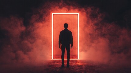 Mysterious Silhouette in Front of Glowing Neon Doorway with Smoke