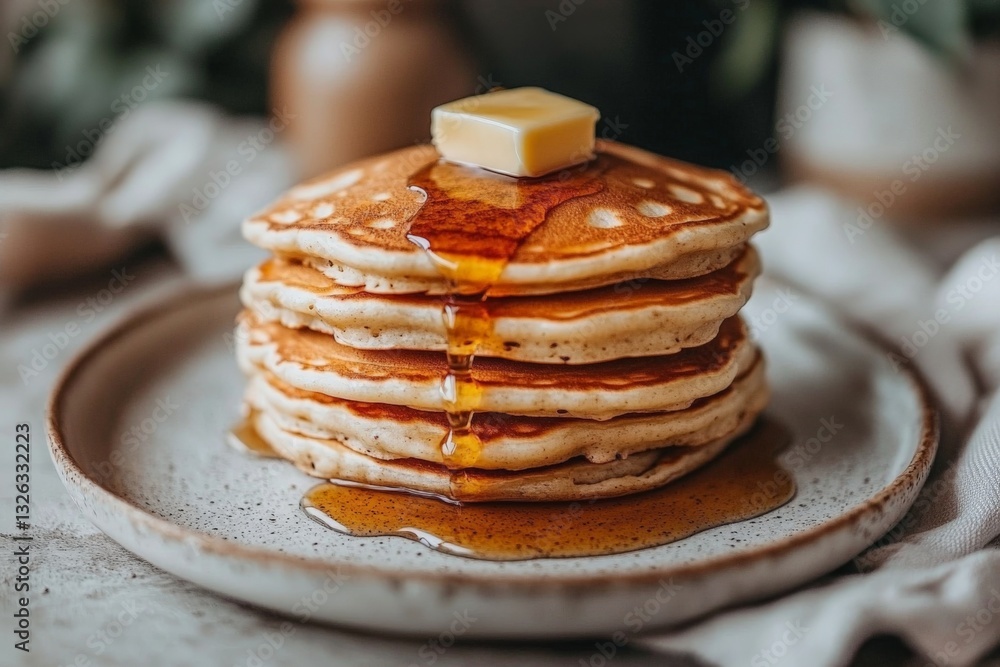 Poster fluffy pancakes stacked high with melting butter and syrup drizzling down in a cozy kitchen setting