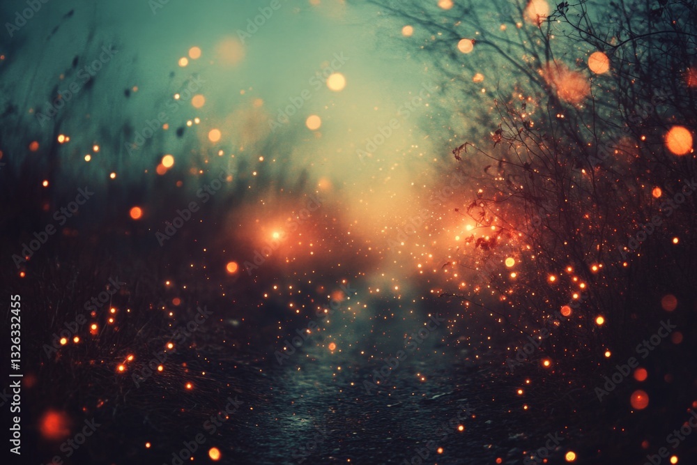 Aufkleber Magical evening glow with sparkling lights illuminating a misty forest path during twilight hours