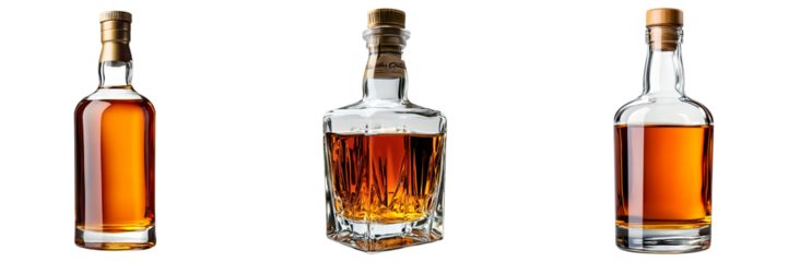 Set of full glass bottles filled with whisky isolated on transparent background