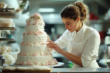 Cake decorator skillfully adds finishing touches to a multi-tier wedding cake in a busy bakery