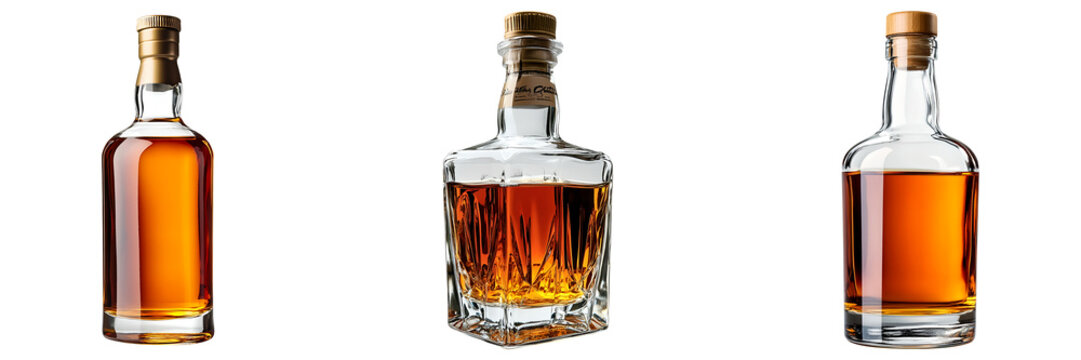 Set of full glass bottles filled with whisky isolated on transparent background