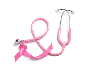 Breast cancer awareness. Pink ribbon and stethoscope isolated on white, top view