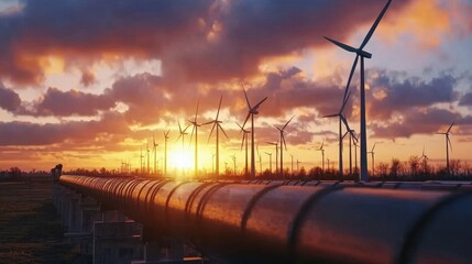 Obraz premium Wind Turbines and Pipeline Scenic Sunset Landscape Photography