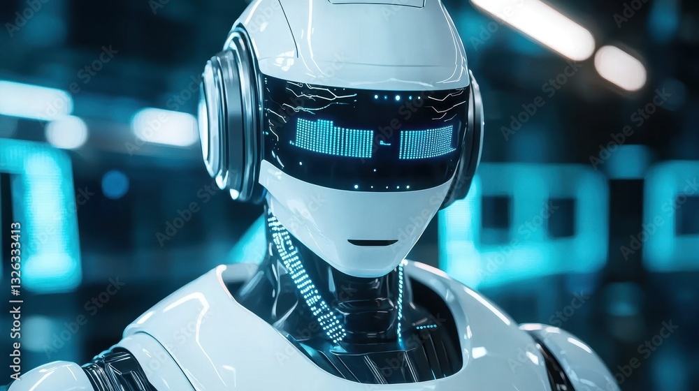 Poster futuristic robot with advanced technology in hi-tech environment