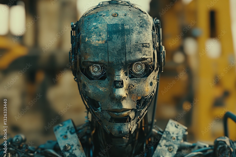 Aufkleber Robot with mechanical features stands prominently in an industrial setting showcasing advanced technology amidst construction equipment