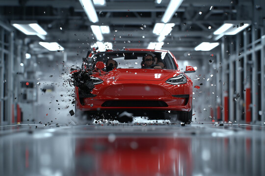 Car crash test with breaking glass and damage.