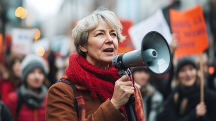 A middle-aged woman stands confidently with a megaphone, passionately speaking to a supportive crowd at a women's rights rally in a bustling city
