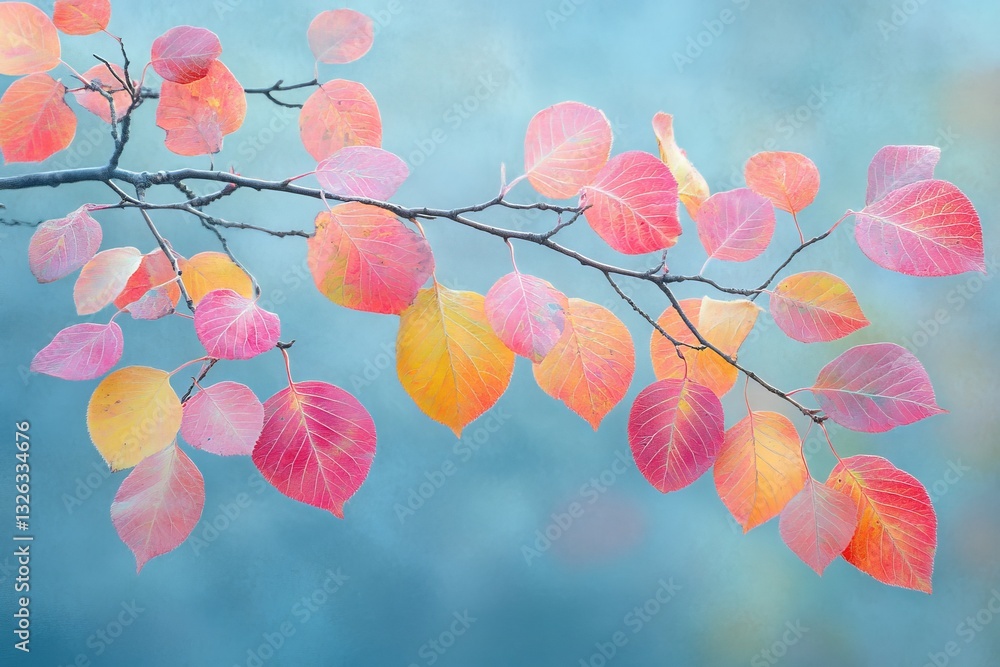 Poster colorful autumn leaves hanging from a branch in a tranquil setting during the fall season