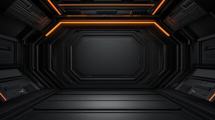 Fototapeta premium Futuristic Sci-Fi Room with Dark Walls and Orange Neon Lights
