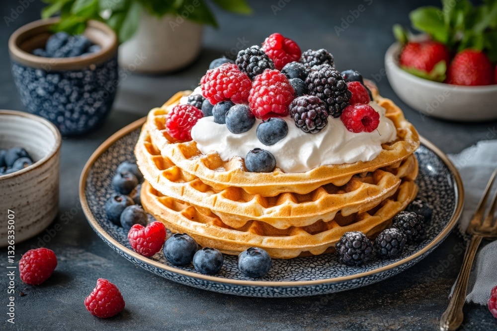 Poster delicious gourmet waffles topped with fresh berries and whipped cream on a rustic table setting