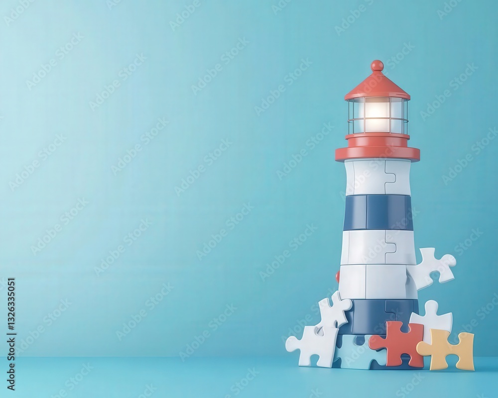 Poster a lighthouse guiding a path made of puzzle tiles