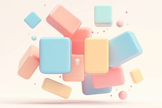 Colorful abstract geometric shapes floating in a bright background space