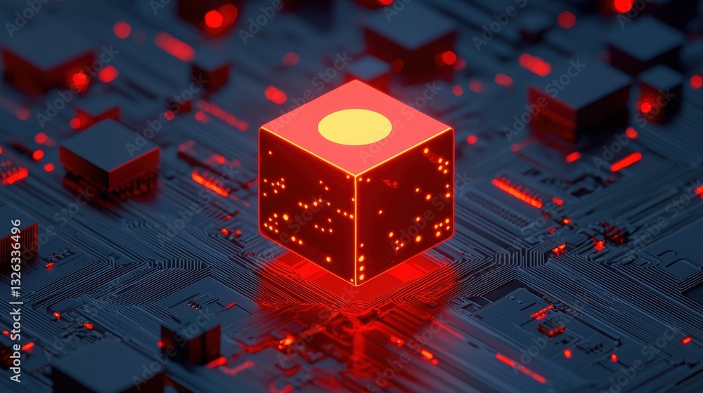 Poster glowing red cube on circuit board with futuristic technology elements