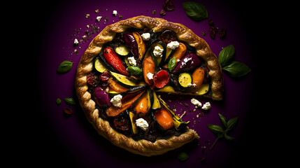 Fototapeta premium Homemade traditional salty pie with vegetable filling on black background