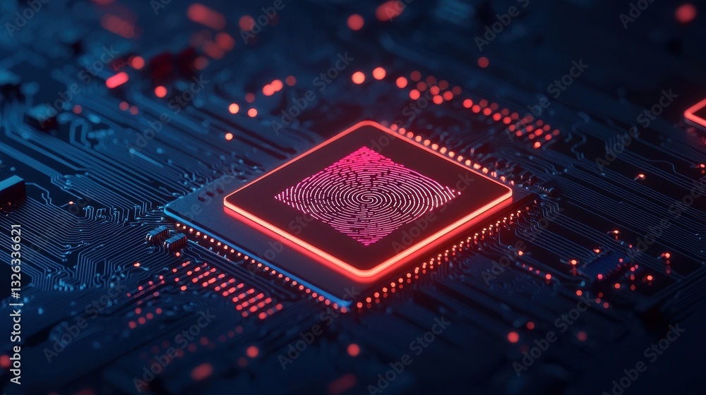 Poster futuristic microchip with fingerprint pattern in neon colors