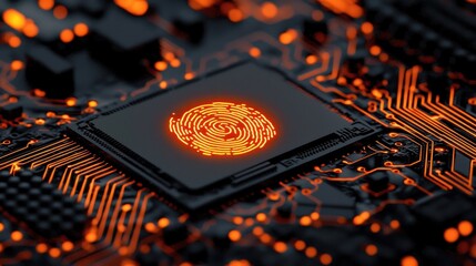 Digital Circuit Board with Fingerprint Pattern and Orange Glow